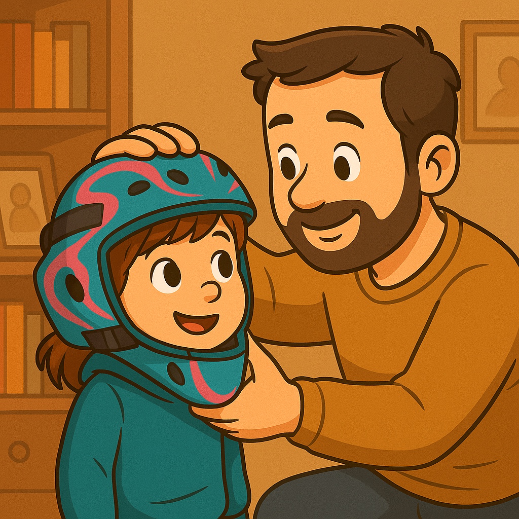 Illustration of Charlie and her dad sharing a happy moment with her goalie mask