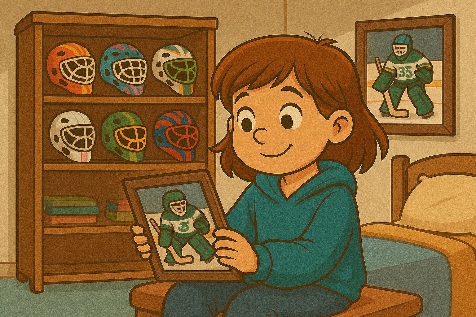 Illustration of Charlie with her goalie-mask collection and a special hockey photograph